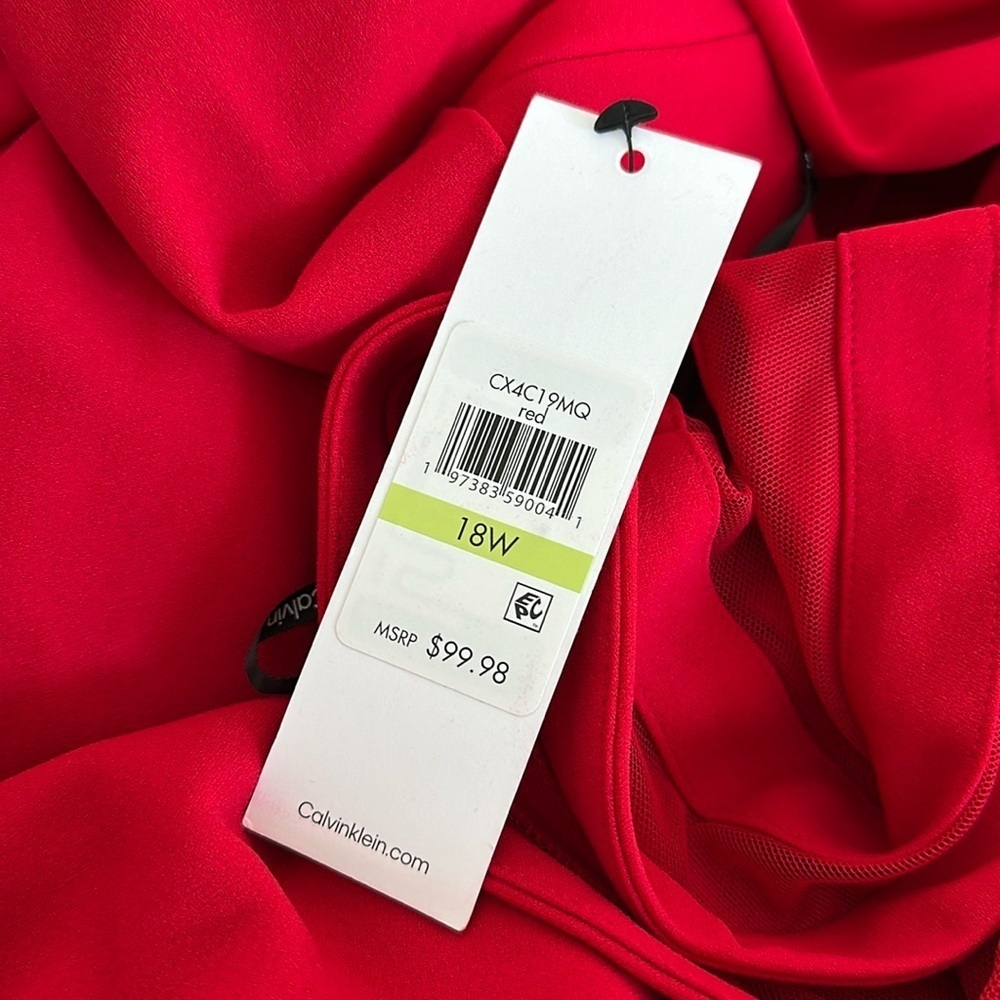 NWT Calvin Klein Mesh Illusion-trim Bell Sleeve Scuba Crepe Sheath Dress Red 18W - Picture 10 of 10